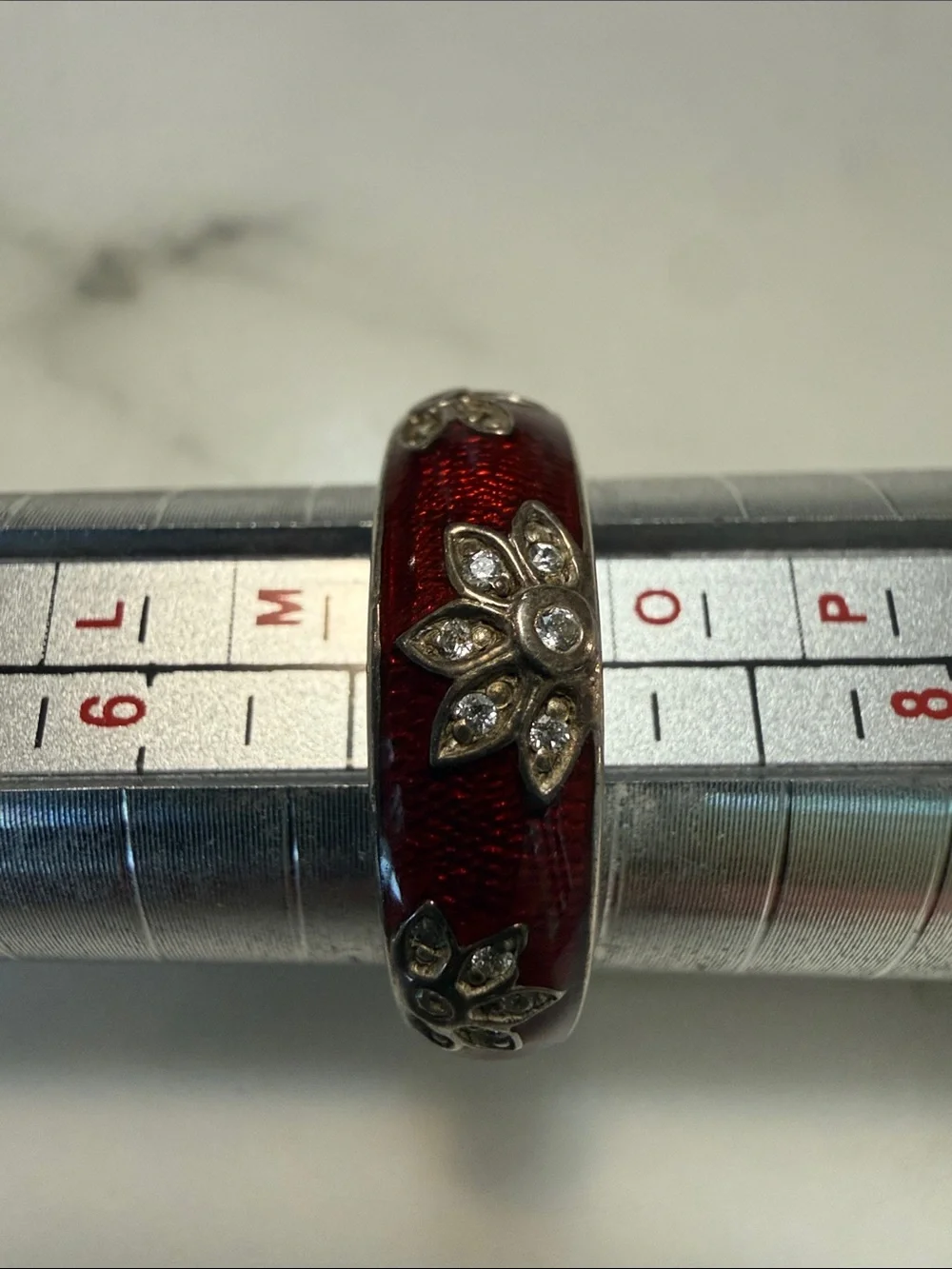 Silver and red enamel ring with CZ starbursts, size 7
